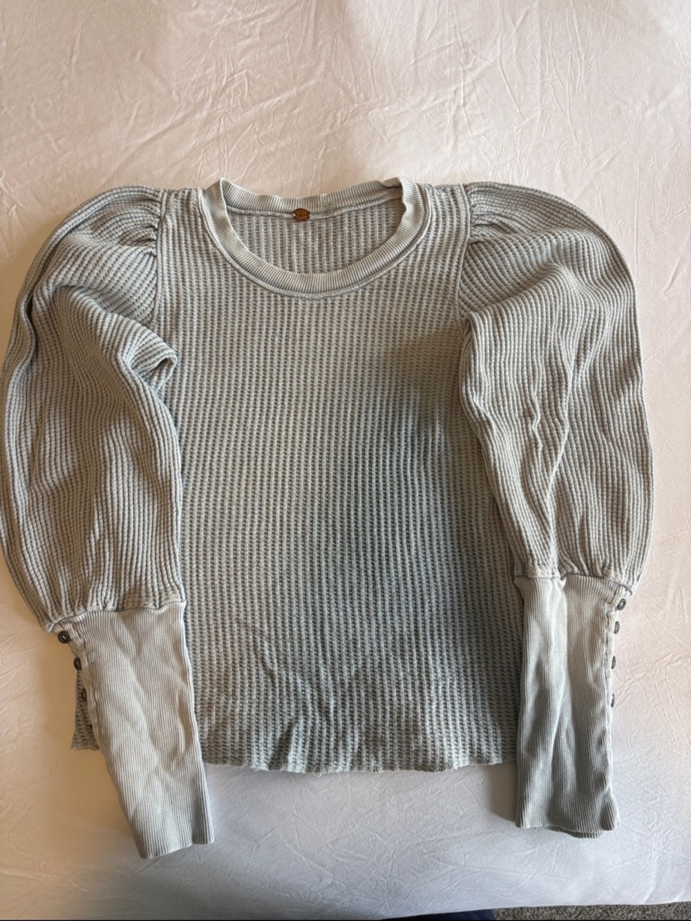 Free People Women’s Light Blue Puff Sleeve Waffle Knit Top, L, EUC!